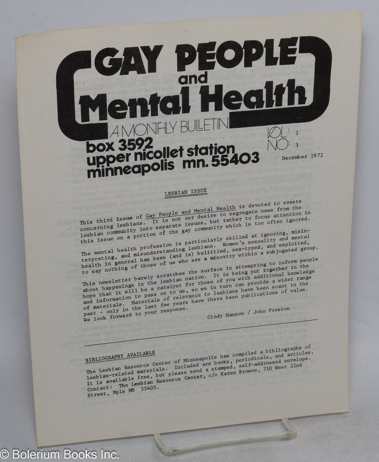 Cat.No: 315570 Gay People and Mental Health: a monthly bulletin; vol. 1