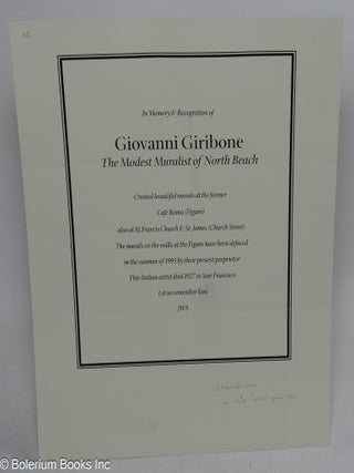 Cat.No: 315798 In Memory & Recognition of Giovanni Giribone. The Modest Muralist of North...
