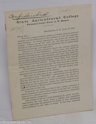 Cat.No: 316174 State Agricultural College. Personal Letter from J.W. Heston. John W. Heston