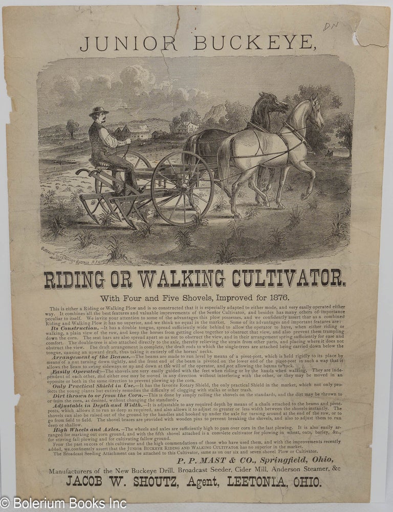 Cat.No: 316189 Junior Buckeye. Riding or Walking Cultivator...P.P. Mast & Co., Springfield, Ohio, Manufacturers of the New Buckeye Drill, Broadcast Seeder, Cider Mill, Anderson Steamer, &c.