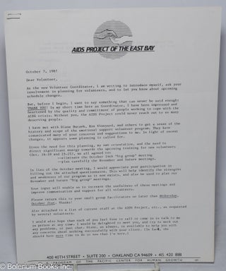 Cat.No: 316413 AIDS Project of East Bay Introductory Letter. Laurie A. Doyle, Volunteer...