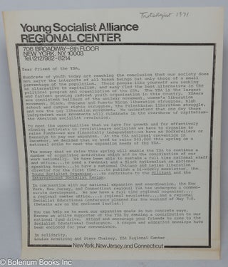 Cat.No: 317543 Young Socialist Alliance Regional Center [fundraising letter]. Louise...