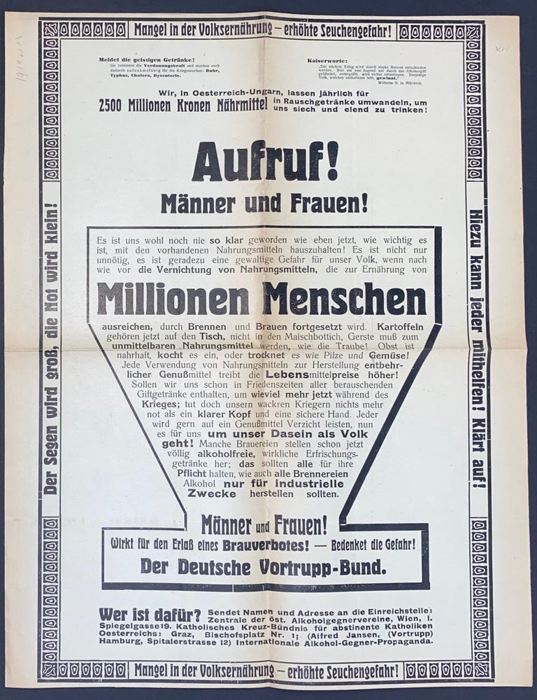 Cat.No: 318063 Aufruf! M&auml;nner und Frauen! [WW I poster opposing the fermentation of food for alcohol]