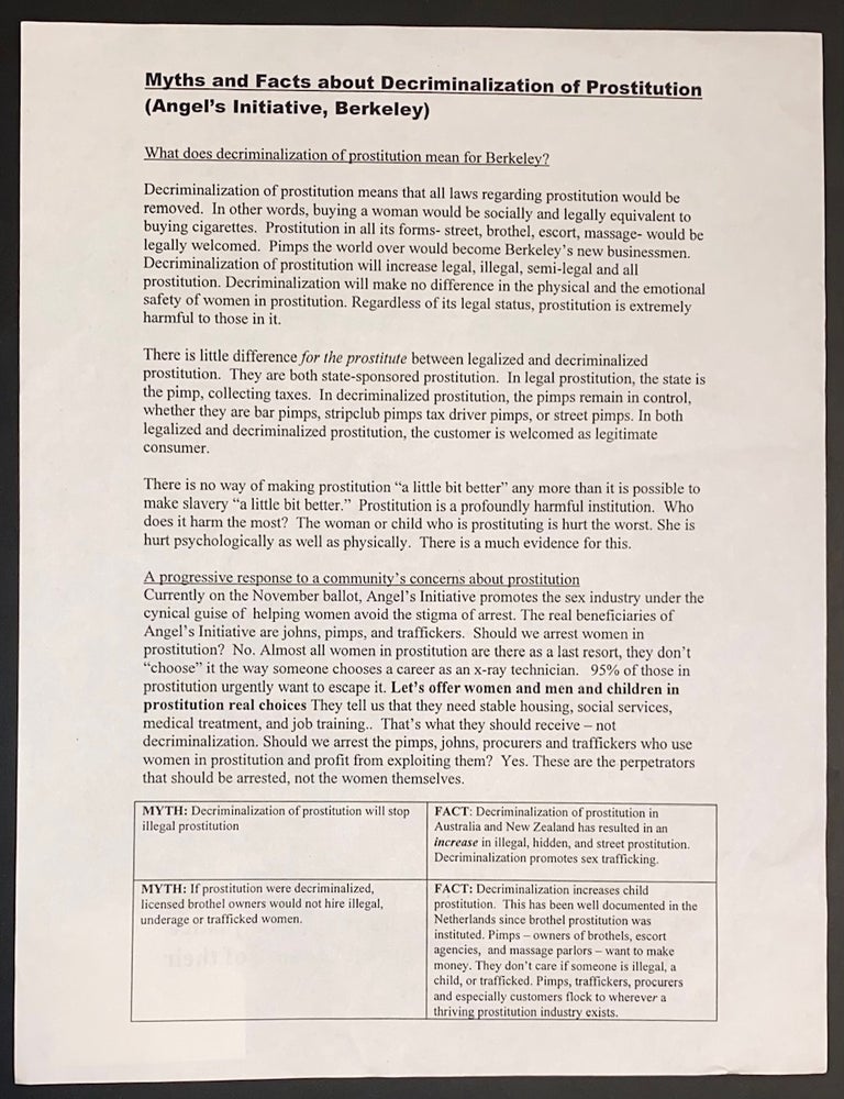 Cat.No: 318424 Myths and facts about decriminalization of prostitution (Angel's Initiative, Berkeley) [handbill]