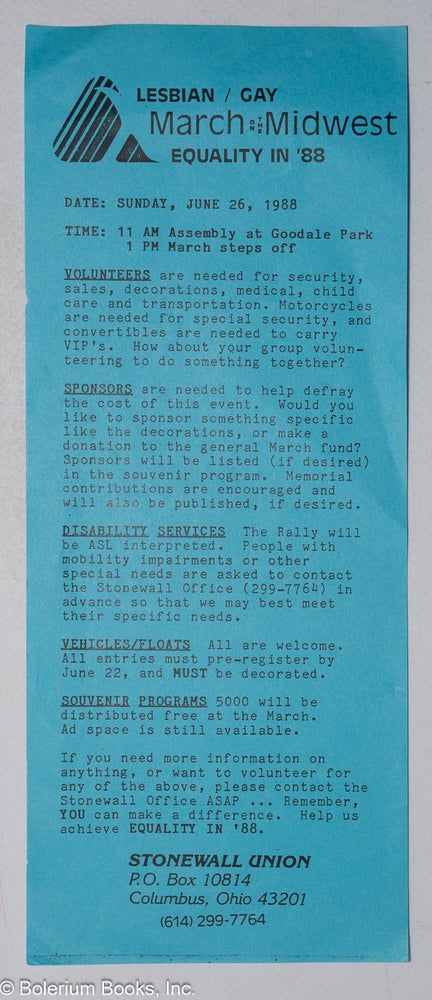 Cat.No: 319208 Lesbian/Gay March on the Midwest: Equality in '88 [leaflet] Sunday