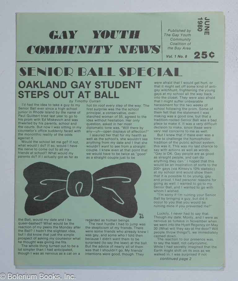Cat.No: 319622 Gay Youth Community News: vol. 1, #8, June 1980: Senior