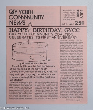 Cat.No: 319623 Gay Youth Community News: vol. 2, #1, July. 1980: Happy Birthday GYCC. Tim...