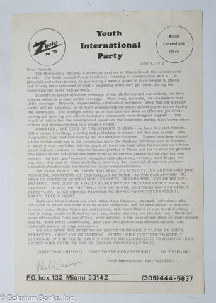 Cat.No: 319870 Youth International Party; Zippies in '72, Miami Conventions Office [handbill