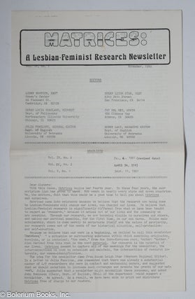 Cat.No: 320309 Matrices: a lesbian/feminist research newsletter, vol. 4, #1, November...