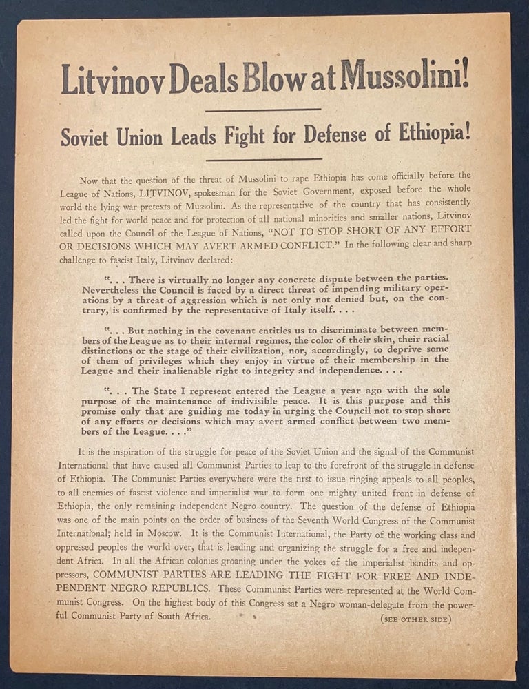 Cat.No: 320396 Litvinov deals blow at Mussolini! Soviet Union leads fight for defense of Ethiopia! [handbill]