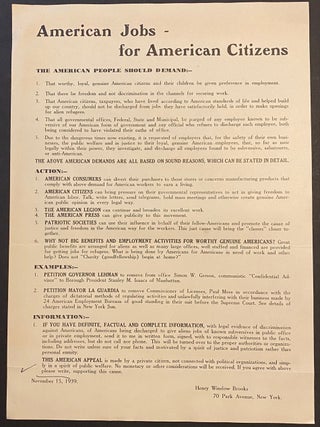 Cat.No: 320911 American jobs - for American citizens [handbill]. Henry Winslow Brooks