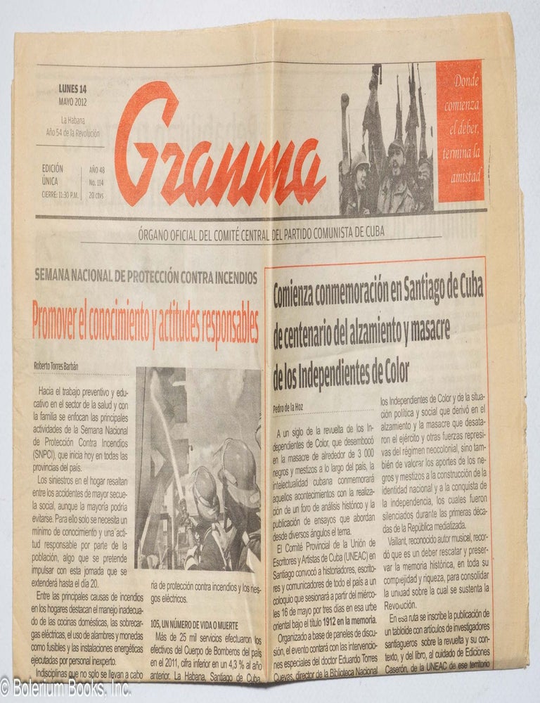 Cat.No: 321073 Granma, Organo oficial del comite central del partido communista de Cuba. Lunes 14 Mayo 2012, Ano 54 de la Recvolucion. Edicion Unica Ano 48 No. 114