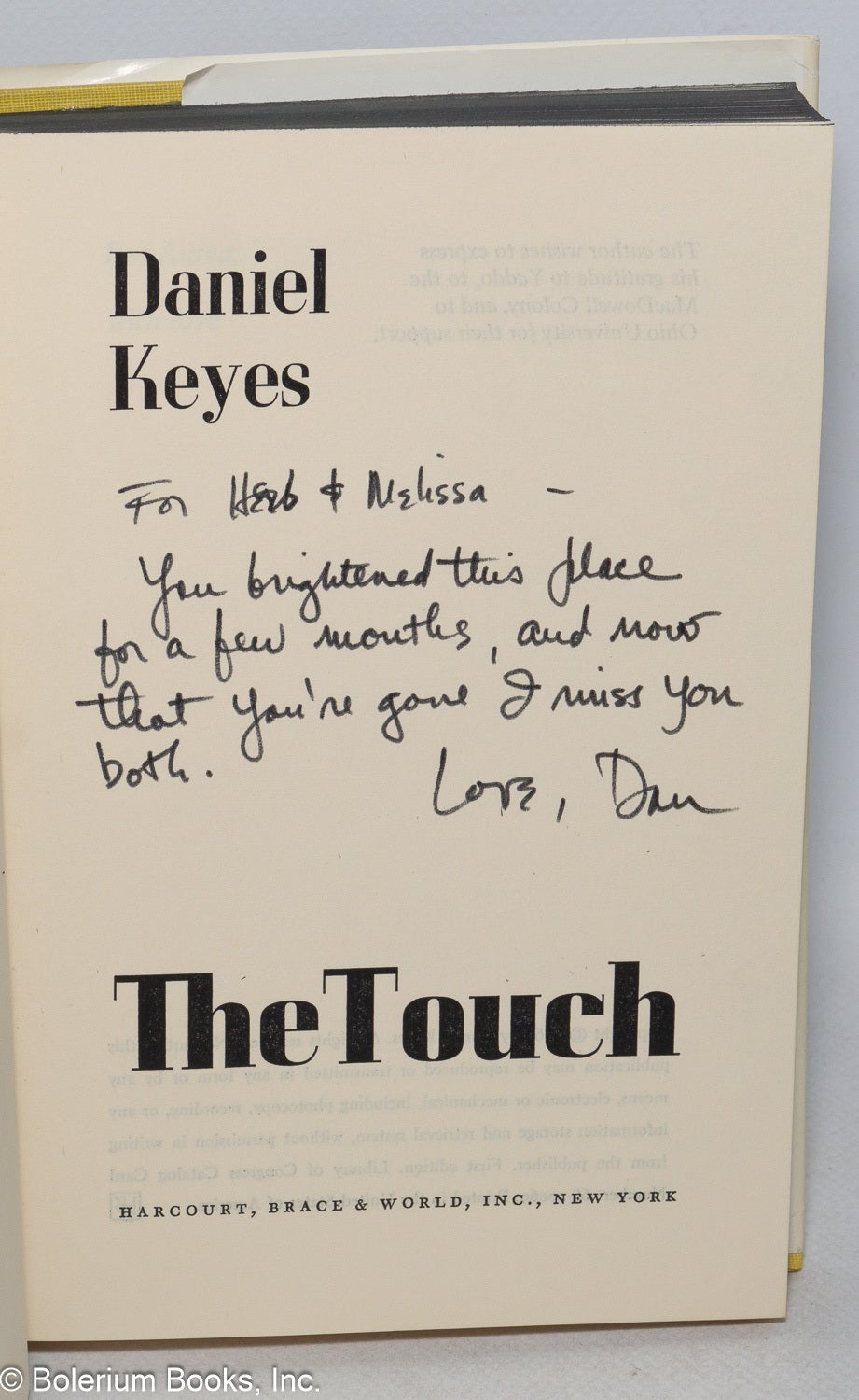 The Touch a novel inscribed & signed | Daniel Keyes, Herbert Gold ...