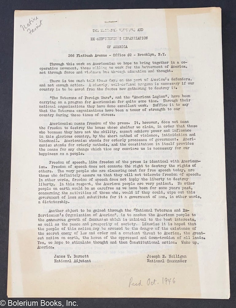 Cat.No: 321564 The National Veterans and Ex-Servicemen's Organization of America