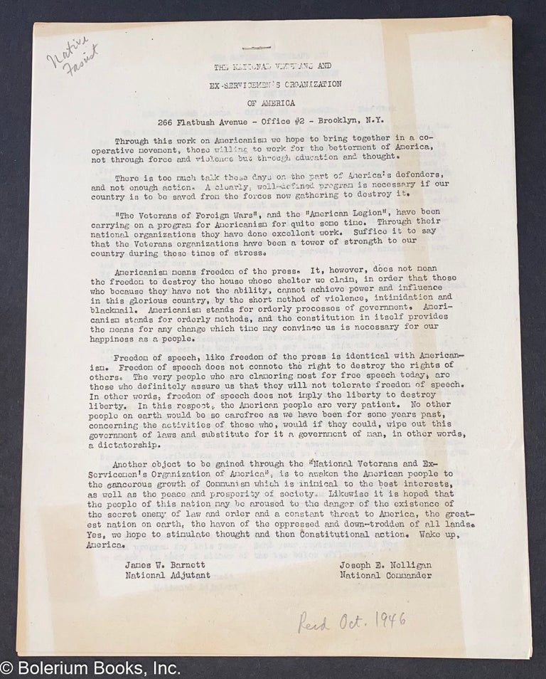 Cat.No: 321564 The National Veterans and Ex-Servicemen's Organization of America