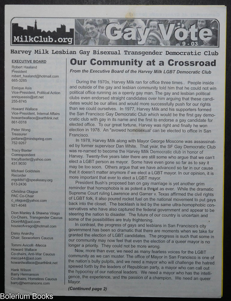 Cat.No: 321813 Gay Vote: Sept. 2003: Our Community at a Crossroad