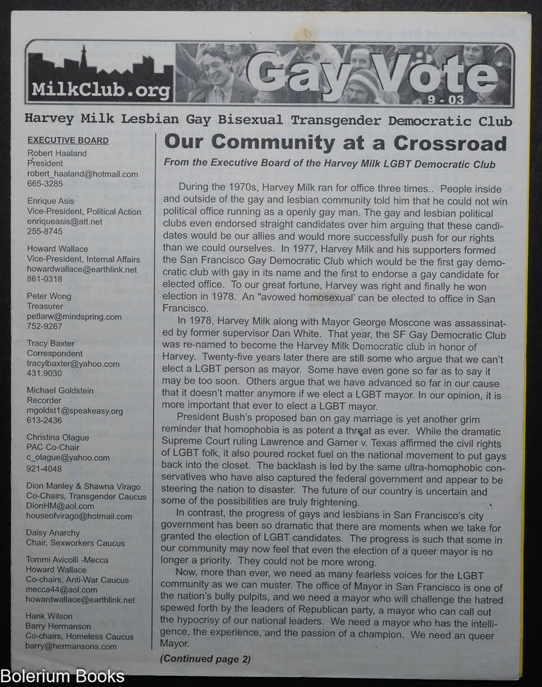 Cat.No: 321813 Gay Vote: Sept. 2003: Our Community at a Crossroad