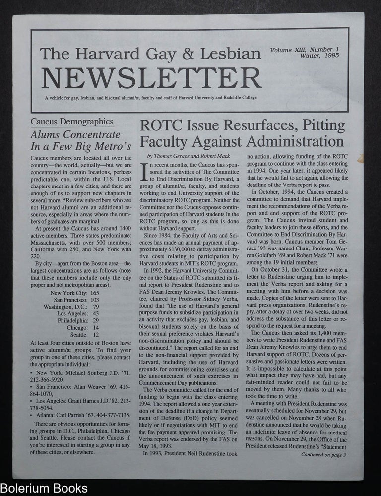 Cat.No: 321818 The Harvard Gay & Lesbian Newsletter: vol. 13, #1, Winter 1995: ROTC Issue Resurfaces. Dierdre O'Neill, Richard Schneider.