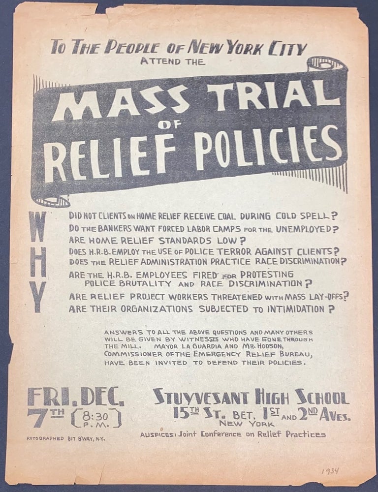 Cat.No: 322644 To the people of New York City: Attend the Mass Trial of Relief Policies [handbill]