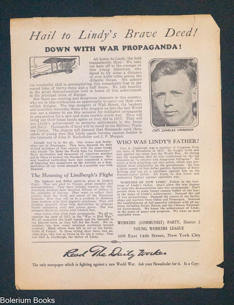 Cat.No: 323532 Hail to Lindy's Brave Deed! Down with war propaganda! [handbill]
