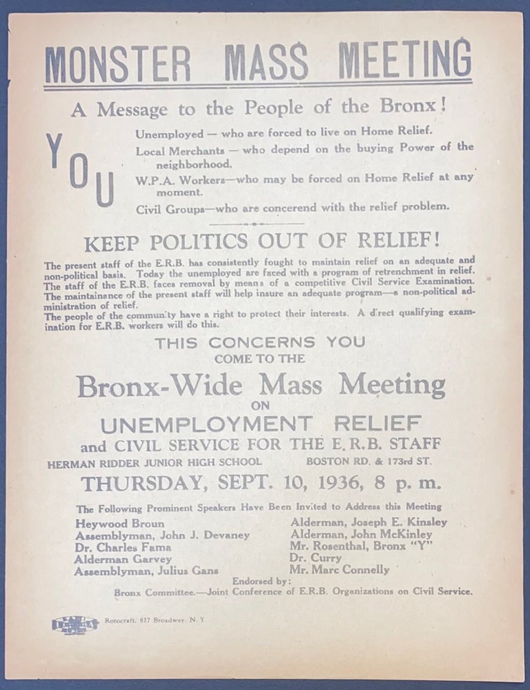 Cat.No: 323827 Monster Mass Meeting: A message to the People of the Bronx! [handbill]