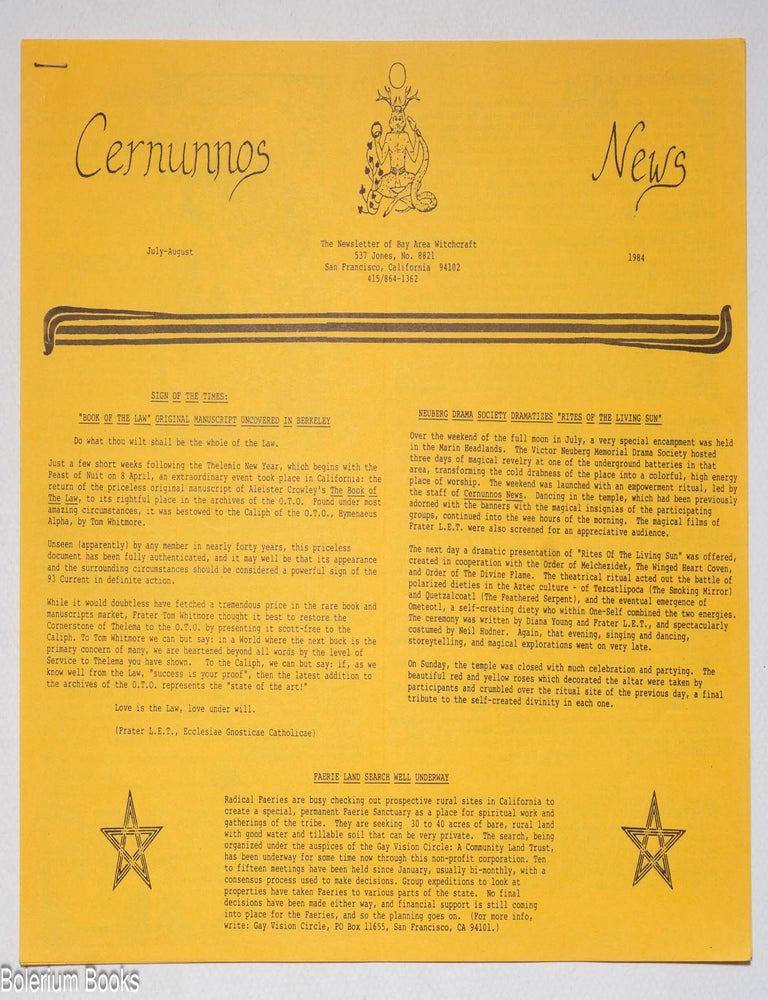 Cat.No: 328368 Cernunnos news; the newsletter of the Bay Area witchcraft (July-August 1984). Van Ault.