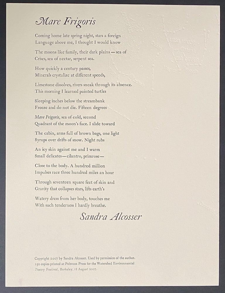 Cat.No: 329067 Mare Frigoris [broadside]. Sandra Alcosser.