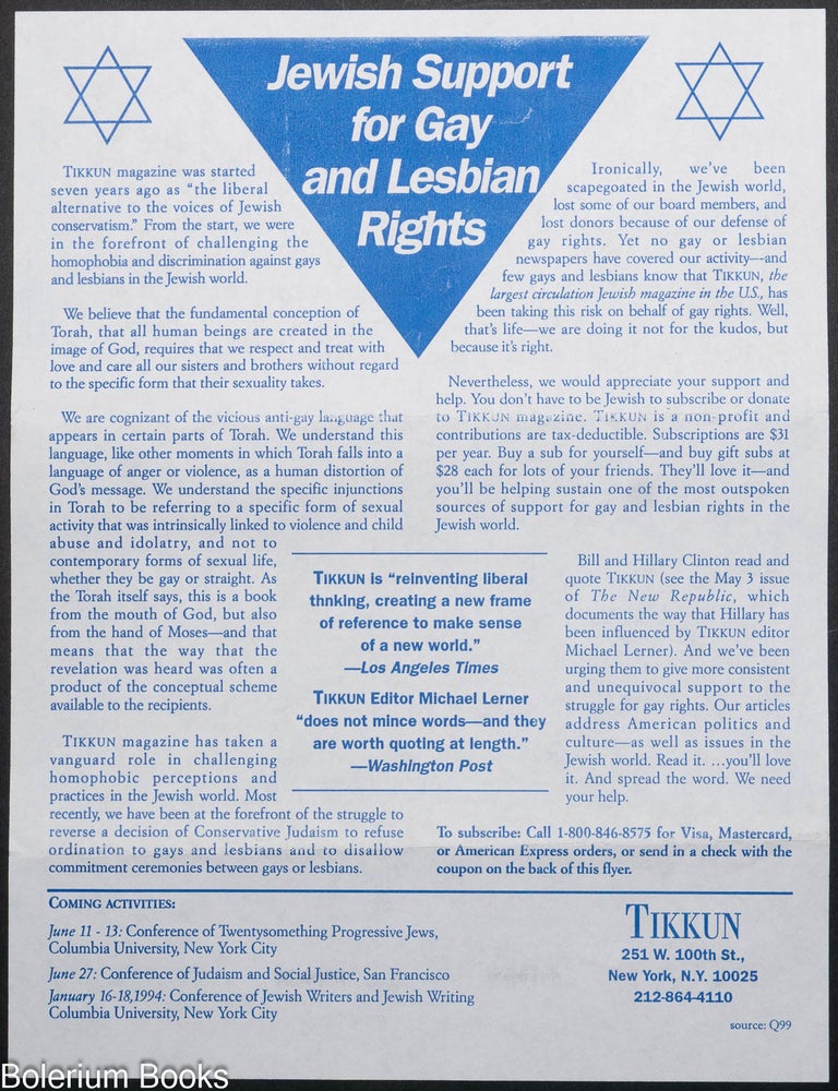 Cat.No: 329713 Jewish Support for Gay and Lesbian Rights [handbill