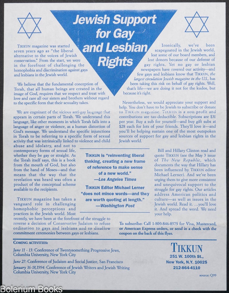 Cat.No: 329713 Jewish Support for Gay and Lesbian Rights [handbill