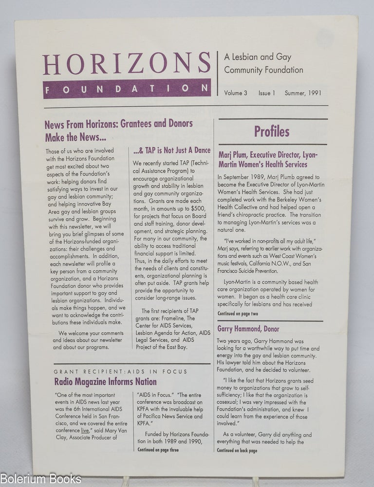 Cat.No: 330462 Horizons Foundation Newsletter: a Lesbian & Gay Community Foundation; vol