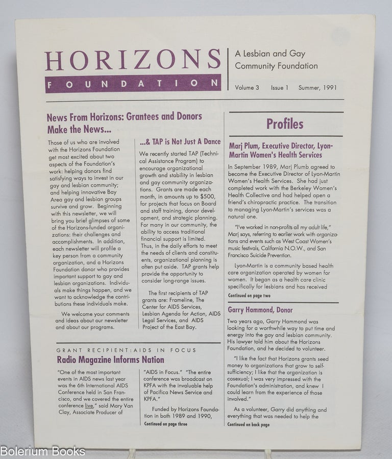Cat.No: 330462 Horizons Foundation Newsletter: a Lesbian & Gay Community Foundation; vol