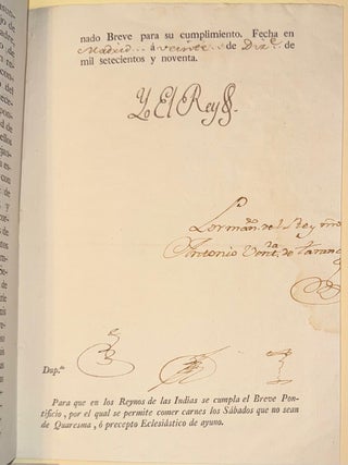 El Rey. Con carta de ocho de noviembre de mil setecientos ochenta y siete remiti&oacute; mi gobernador y capitan general interino de la isla de Cuba, y ciudad de San Christobal de la Habana, el acuerdo celebrado por el Ayuntamiento de ella, reducido &aacute; impetrar la gracia de comer carne los s&aacute;bados en aquella plaza ... [royal proclamation signed "Yo El Rey"]