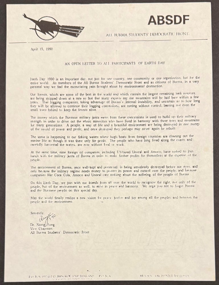 Cat.No: 331082 An open letter to all participants of Earth Day [handbill]. Naing Aung.