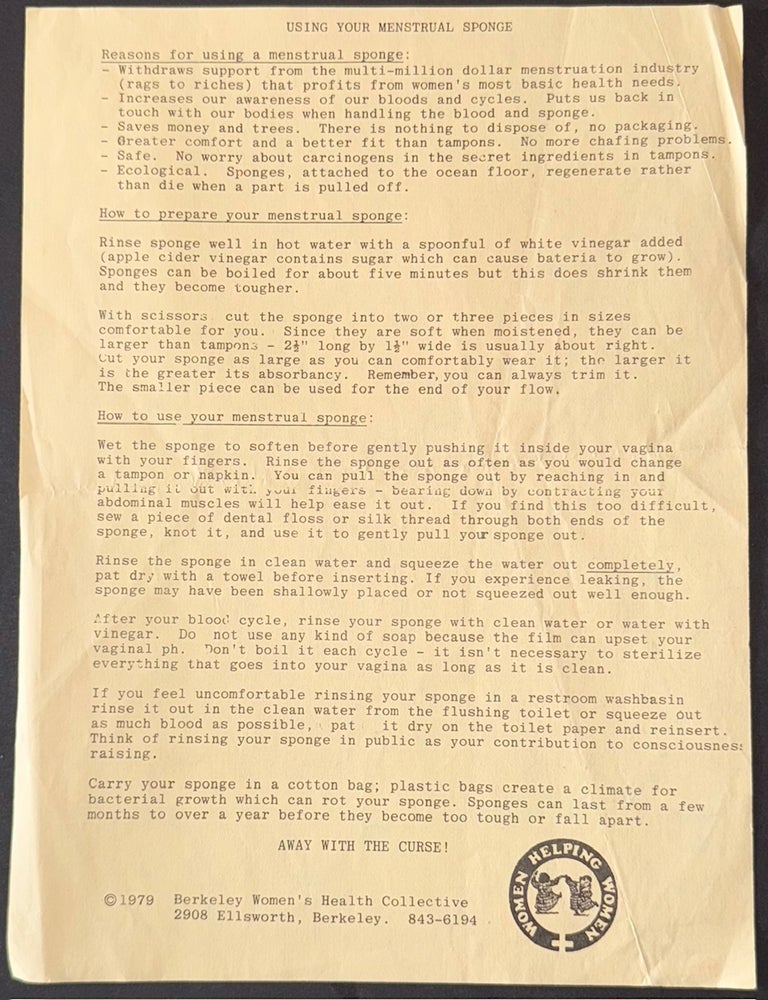 Cat.No: 332632 Using your menstrual sponge / How to use your speculum [handbill]