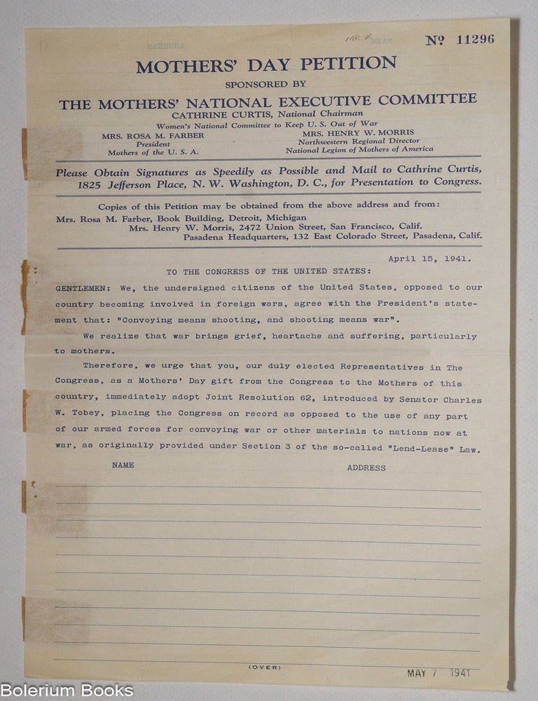 Cat.No: 332961 Mothers&rsquo; Day Petition Sponsored by the Mothers&rsquo; National Executive...