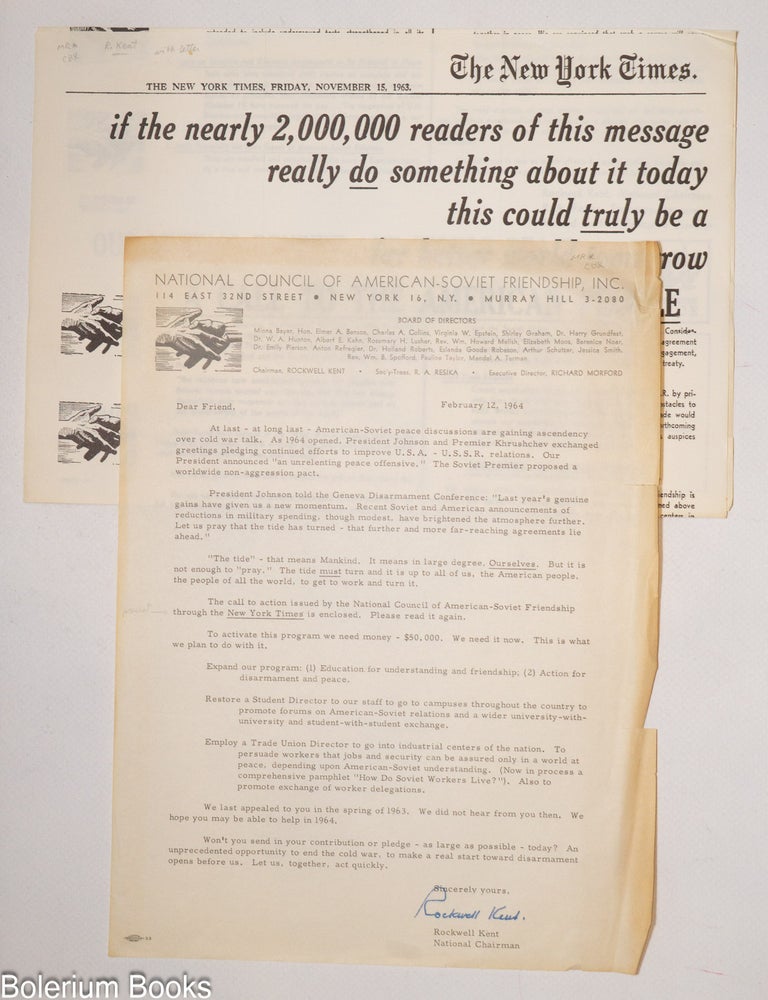 Cat.No: 333794 [Printed fundraising letter] National Council on American-Soviet Friendship, Inc., February 12, 1964. Rockwell Kent.