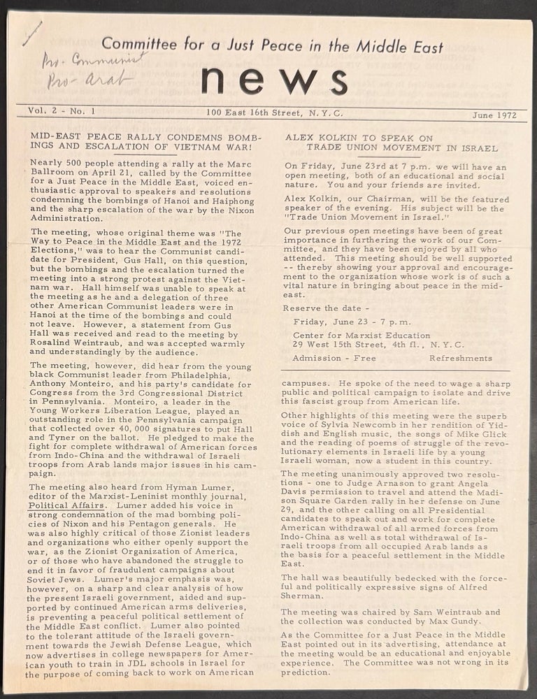 Cat.No: 334119 Committee for a Just Peace in the Middle East News. Vol. 2 no. 1 (June 1972)