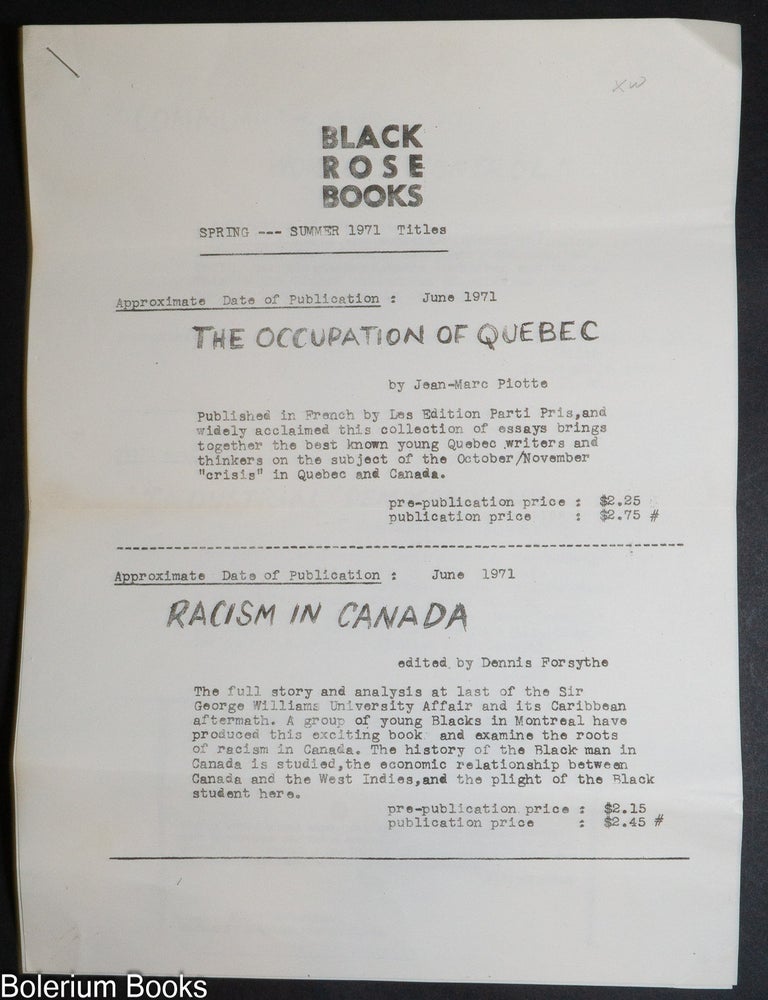 Cat.No: 334330 Black Rose Books Spring-Summer 1971 Titles