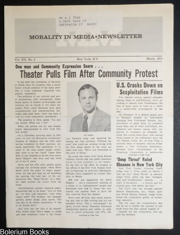 Cat.No: 334366 Morality in Media Newsletter: vol. 12, #2, March, 1973: Deep Throat - Theater Pulls Film After Community Protest