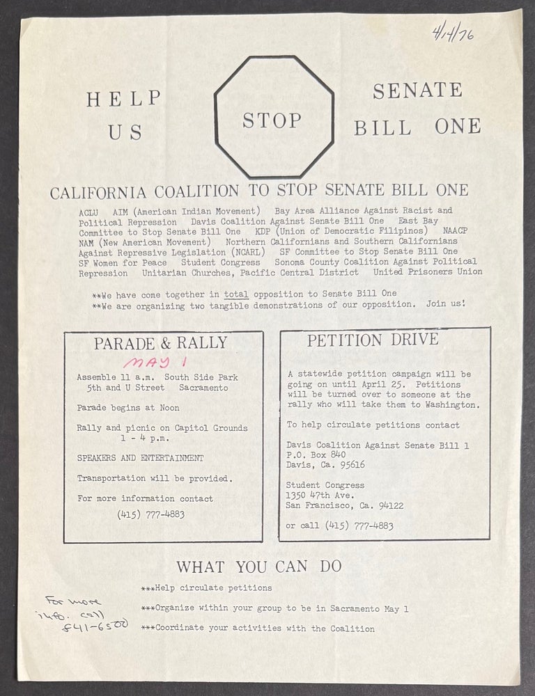 Cat.No: 334412 Help us stop Senate Bill One [handbill]