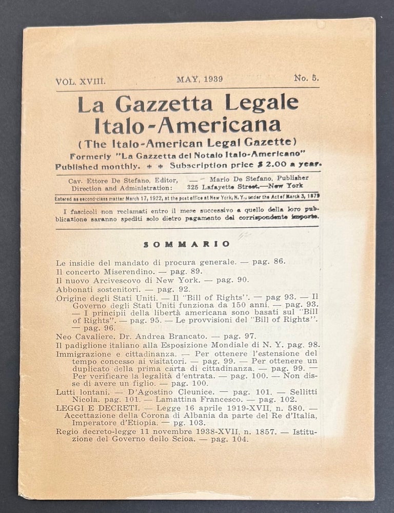 Cat.No: 334828 La Gazzetta Legale Italo-Americana / The Italo-American Legal Gazette. Vol. 18 no. 5 (May, 1939)