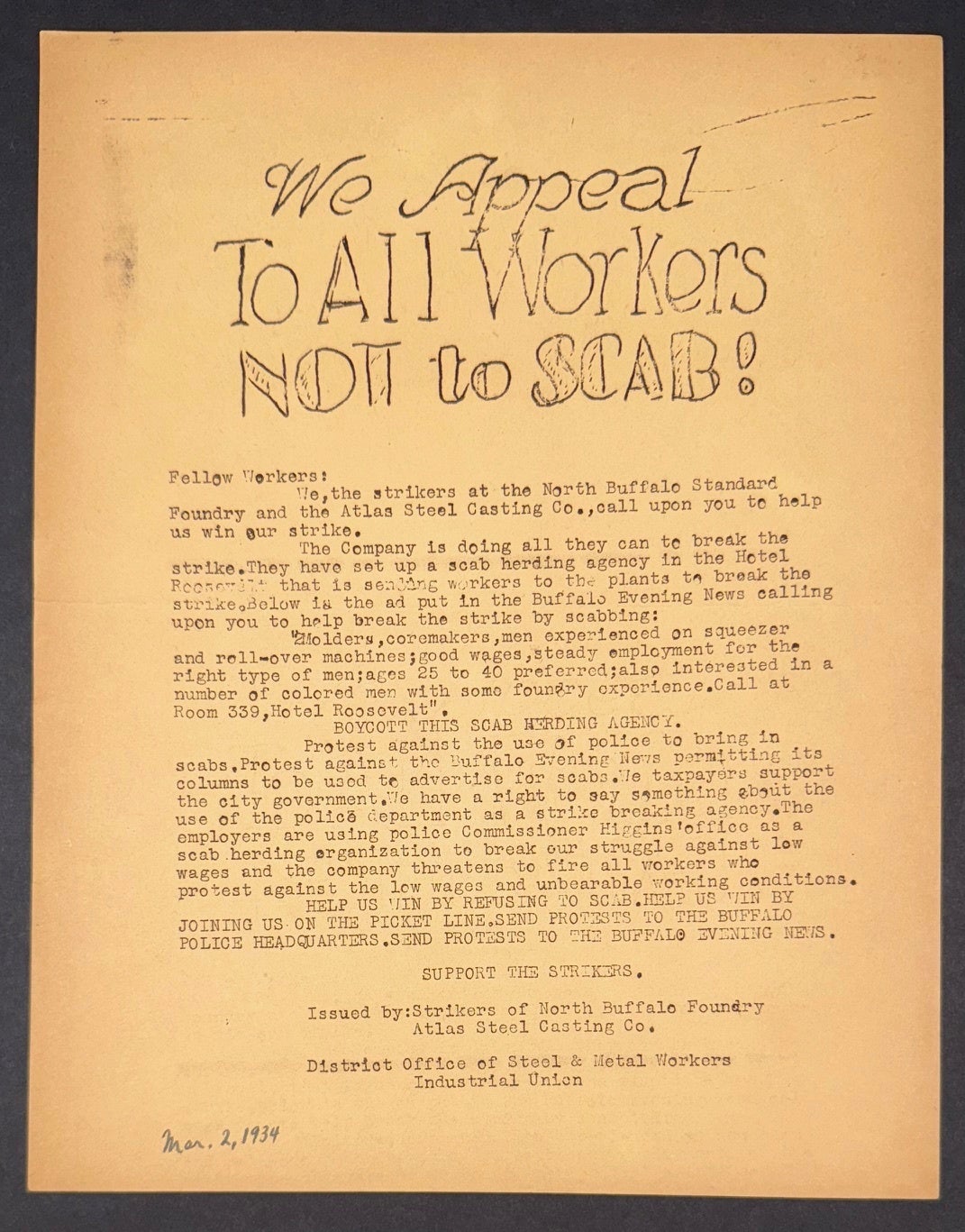 We appeal to all workers not to scab! handbill