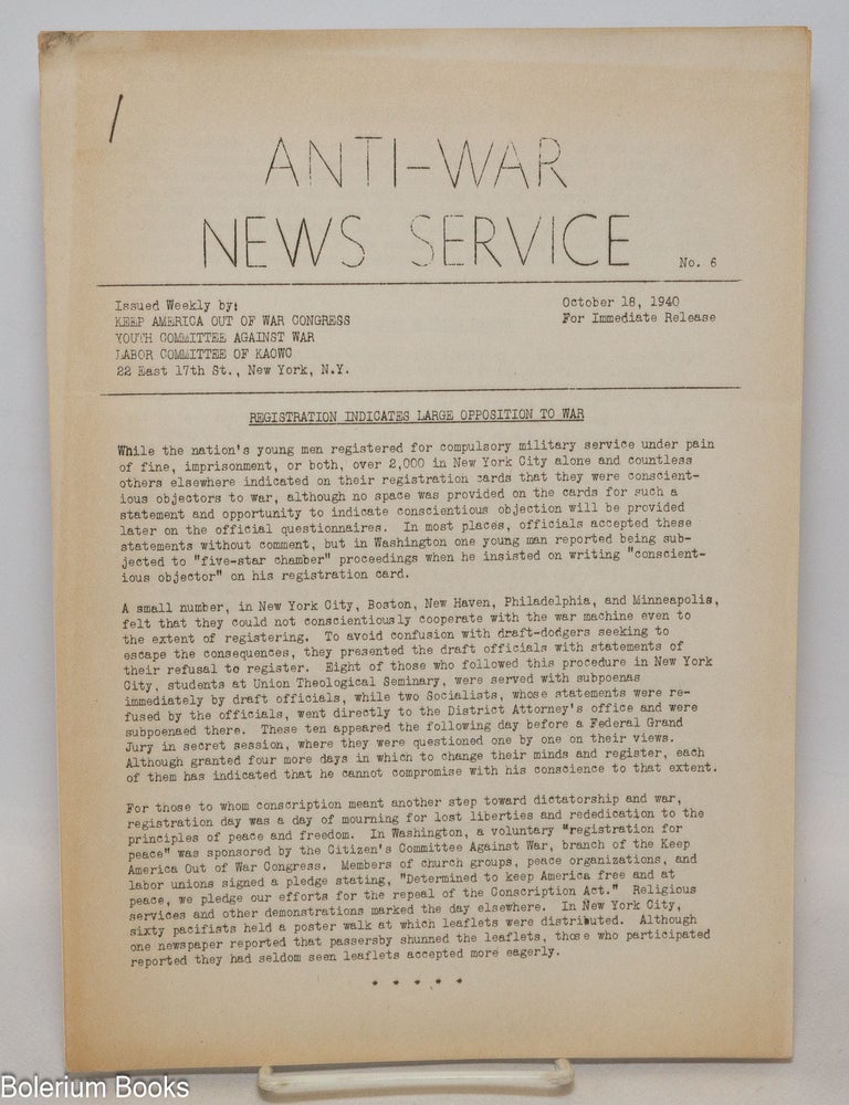 Cat.No: 335282 Anti-War News Service. Number 6. October 18, 1940