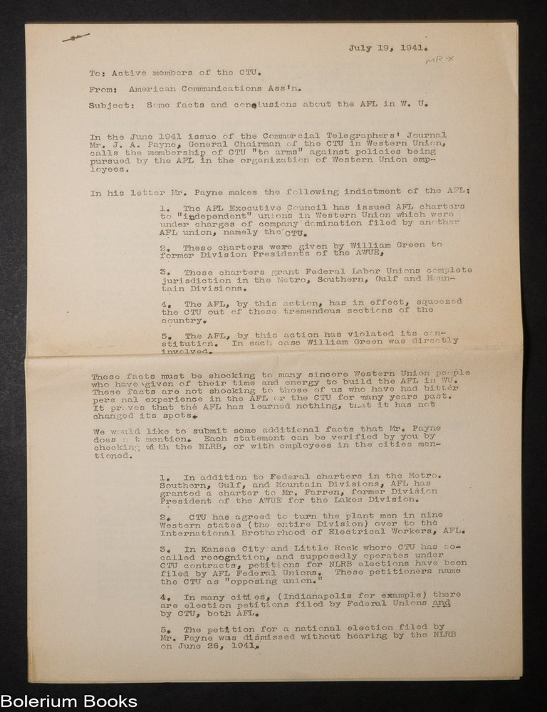 Cat.No: 335350 American Communications Association letter to Commercial Telegraphers...