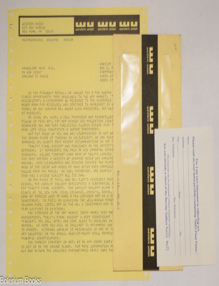 Cat.No: 335543 Barclay Gallery telegram to prospective buyers of Salvador Dali prints. Barclay Gallery.