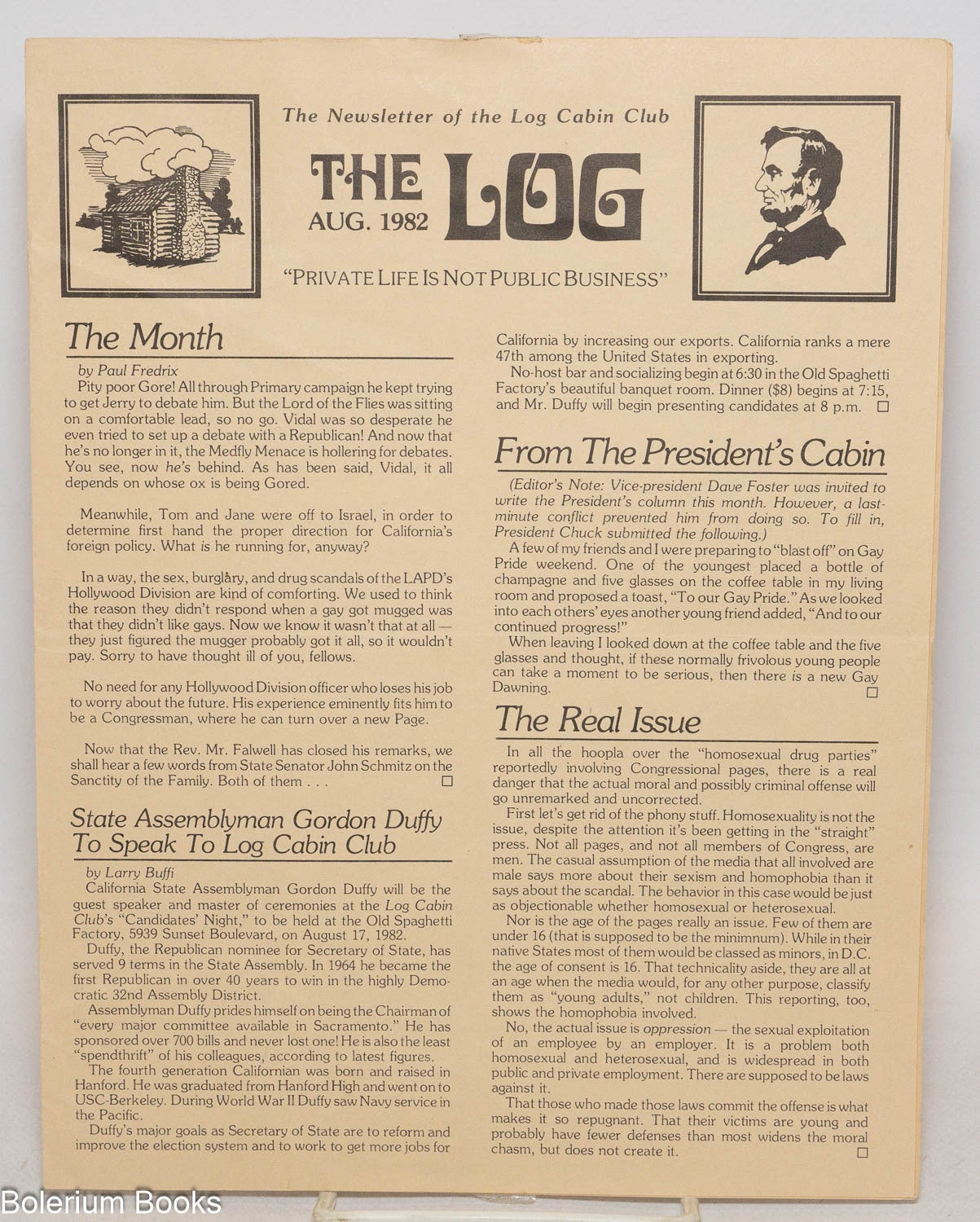 The Log: newsletter of the Log Cabin Club; Aug. 1982: Private Life Is ...