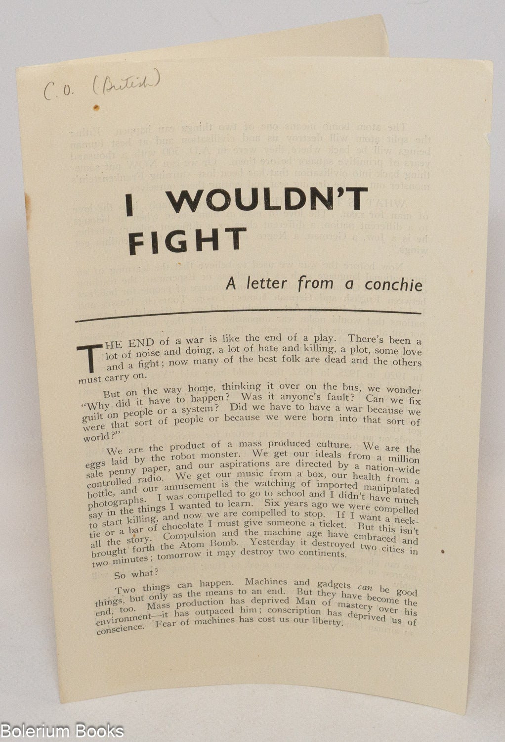 I Wouldn't Fight. A letter from a conchie | Frank Sayer