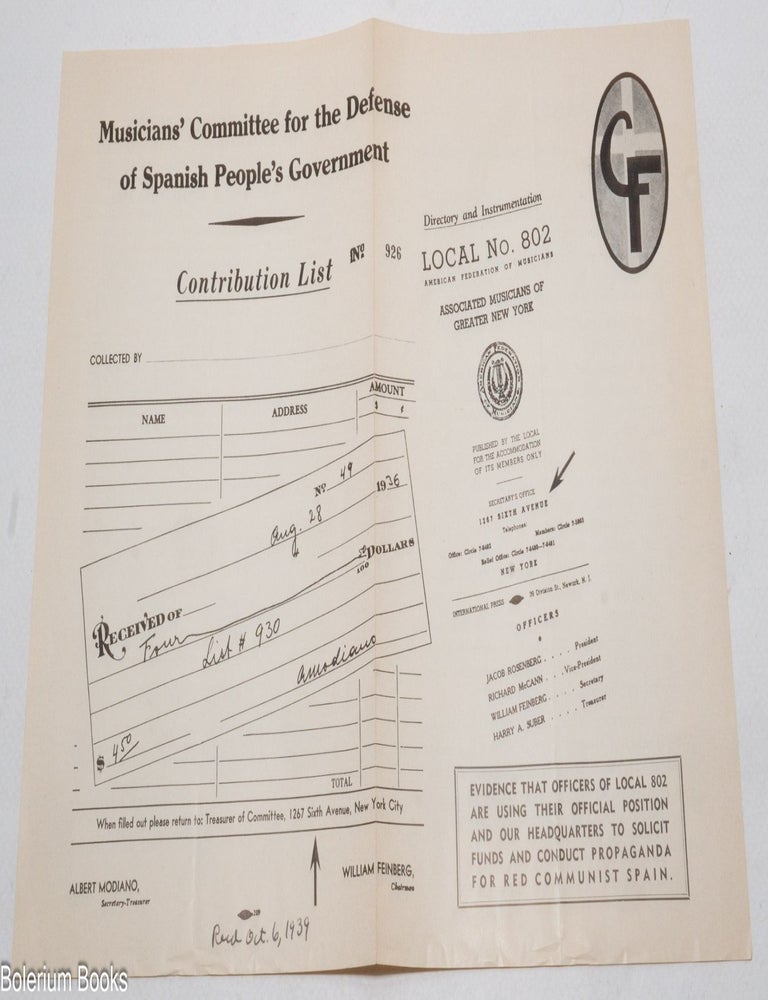 Cat.No: 338231 Evidence that officers of Local 802 are using their official position and our headquarters to solicit funds and conduct propaganda for Red Communist Spain [brochure]
