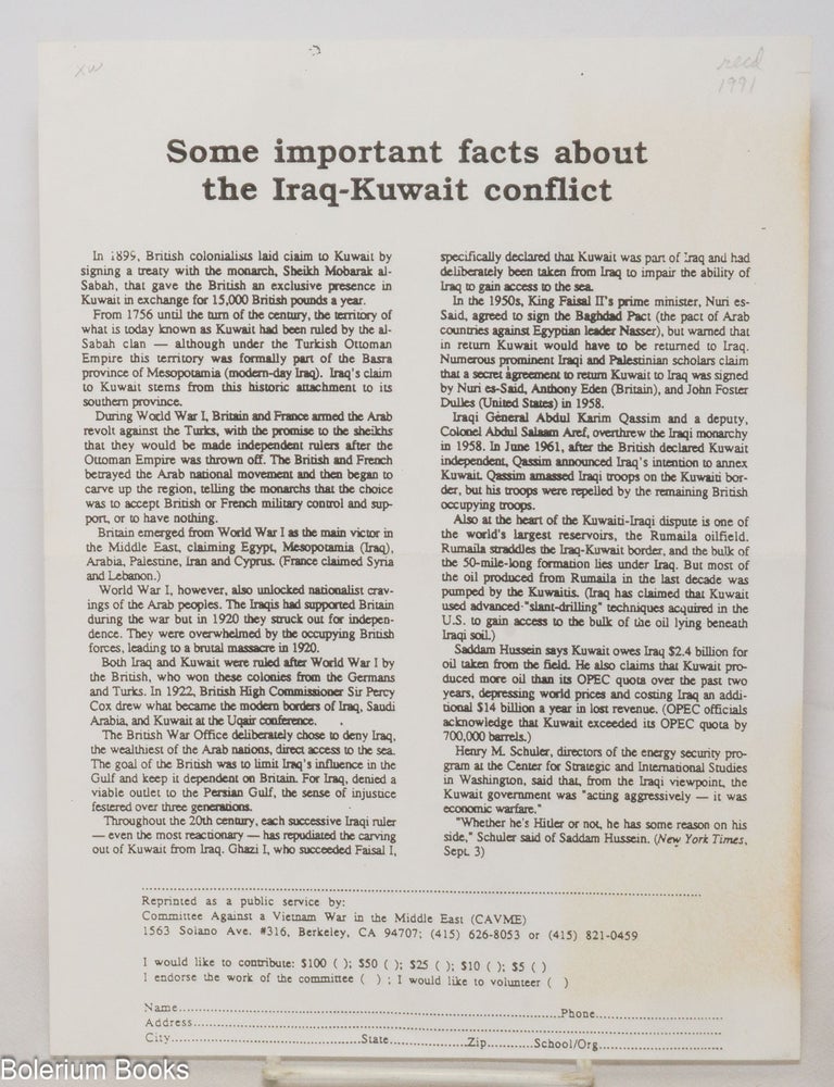 Cat.No: 338239 Some important facts about the Iraq-Kuwait conflict [handbill].