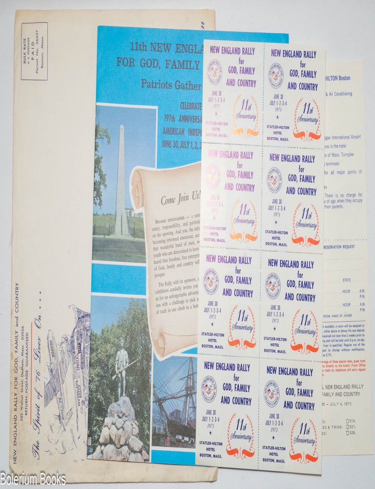 Cat.No: 338643 New England Rally for God, Family and Country: Patriots Gather in Boston. Celebrate 197th Anniversary of American Independence, June 30, July 1, 2, 3, 4, 1973 [program in original envelope, along with hotel guest room reservation form and sheet of stickers]
